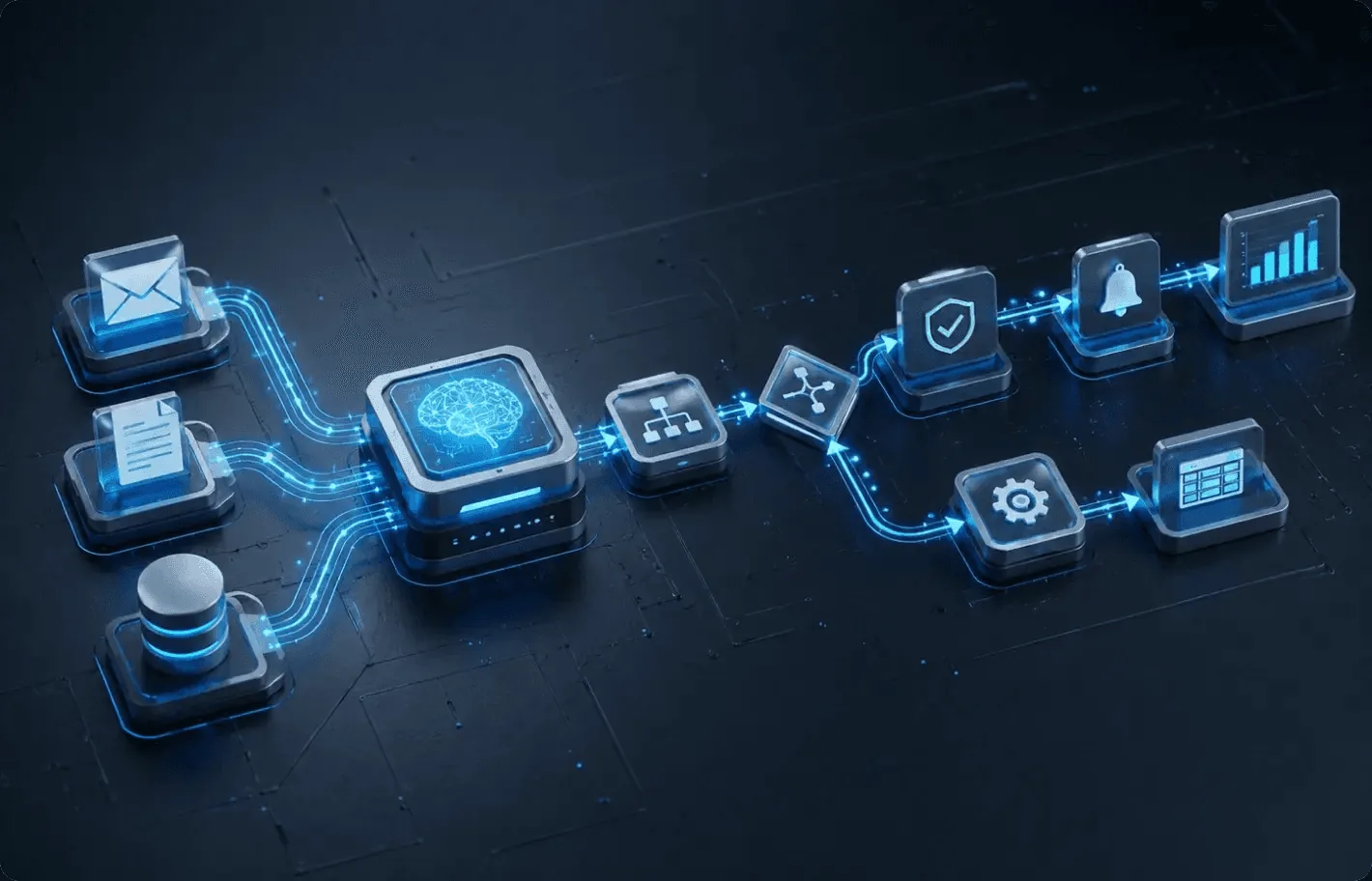 AI workflow connecting messages, documents and data through an AI agent to automated actions