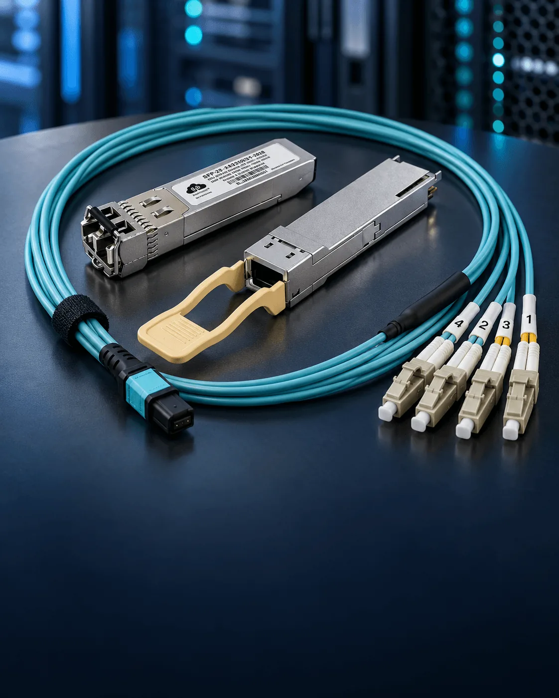 Optical transceivers and aqua fiber cabling in a data center setting