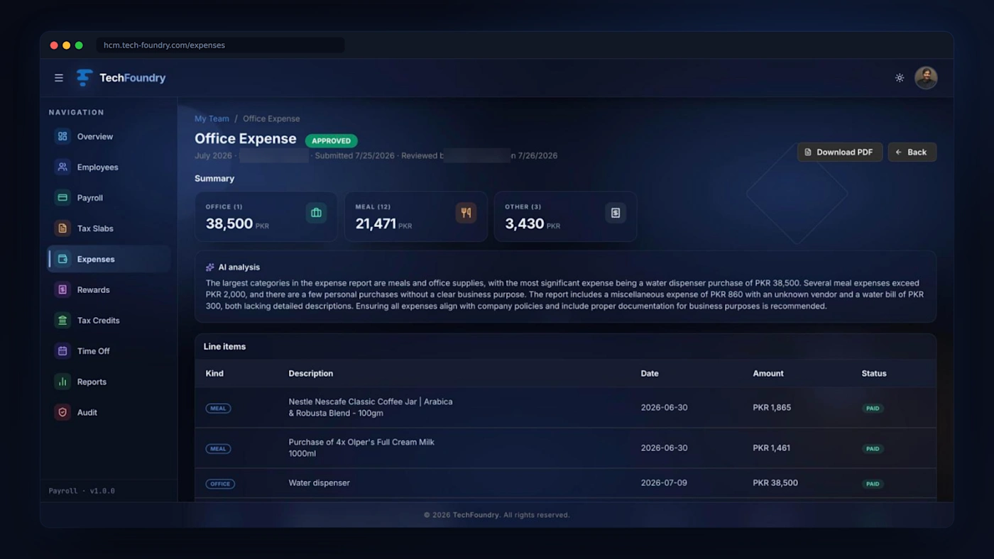 Expense reports with AI. Each uploaded receipt is read and categorised, with a plain English summary that flags policy risks, personal purchases and missing documentation.
