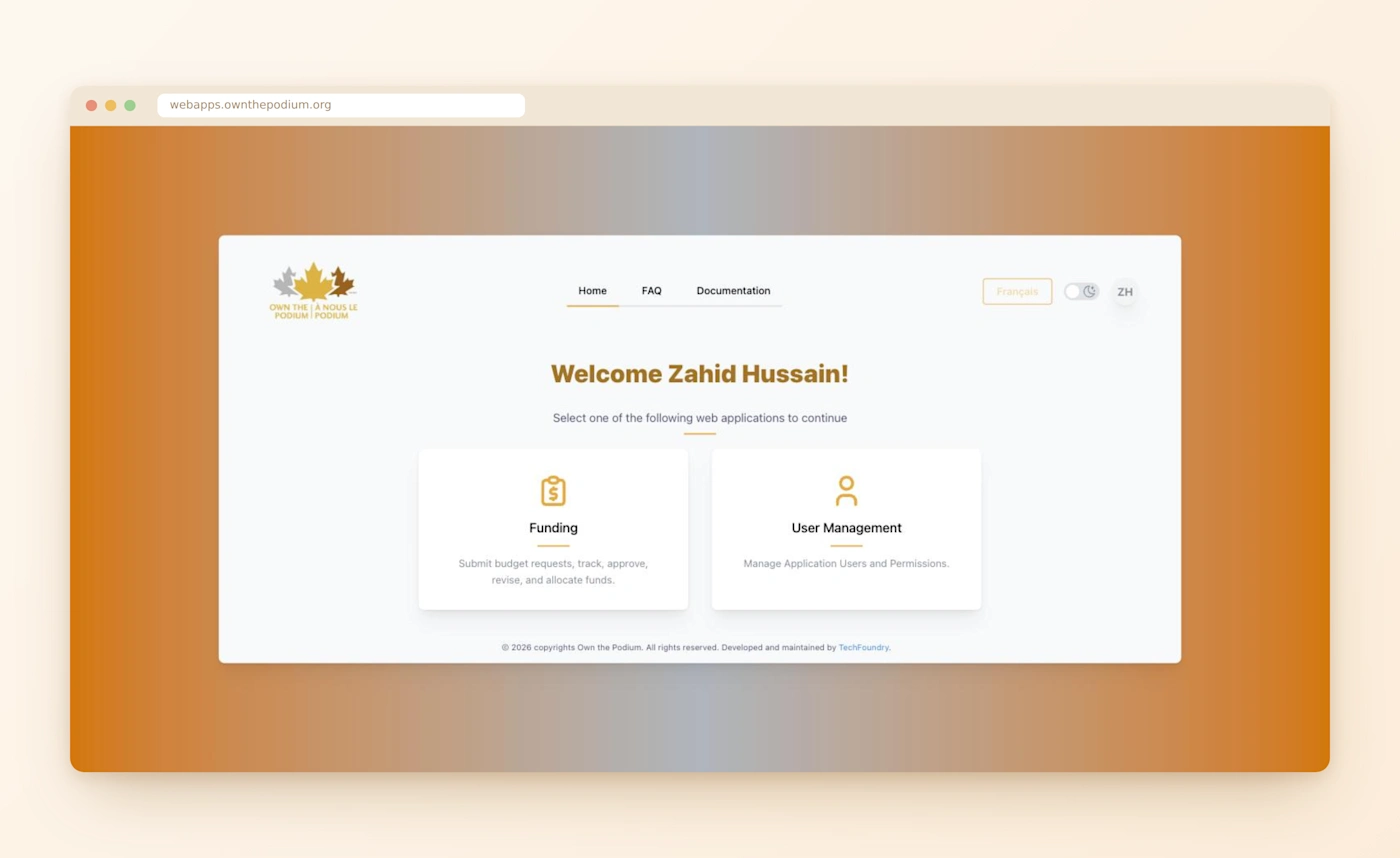 The entry point: two governed workspaces, Funding for budget requests and allocations, User Management for access and permissions.