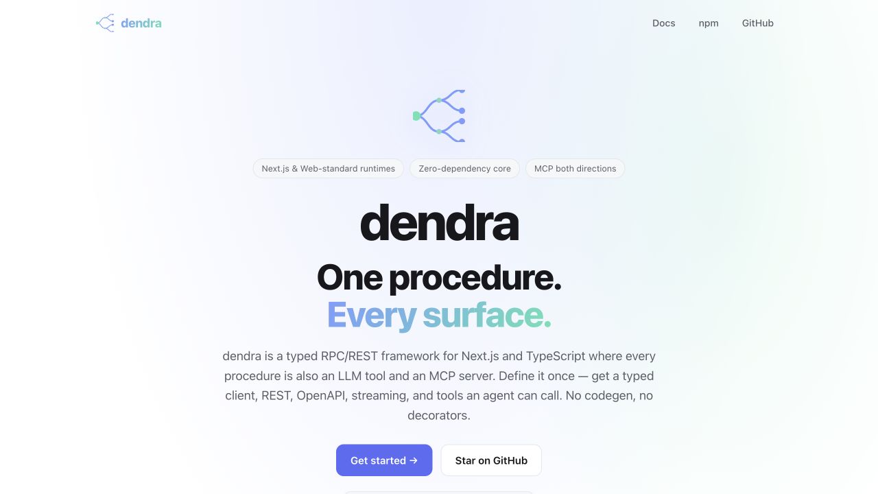 Dendra’s live product page showing its typed API and MCP framework, captured on 17 October 2026