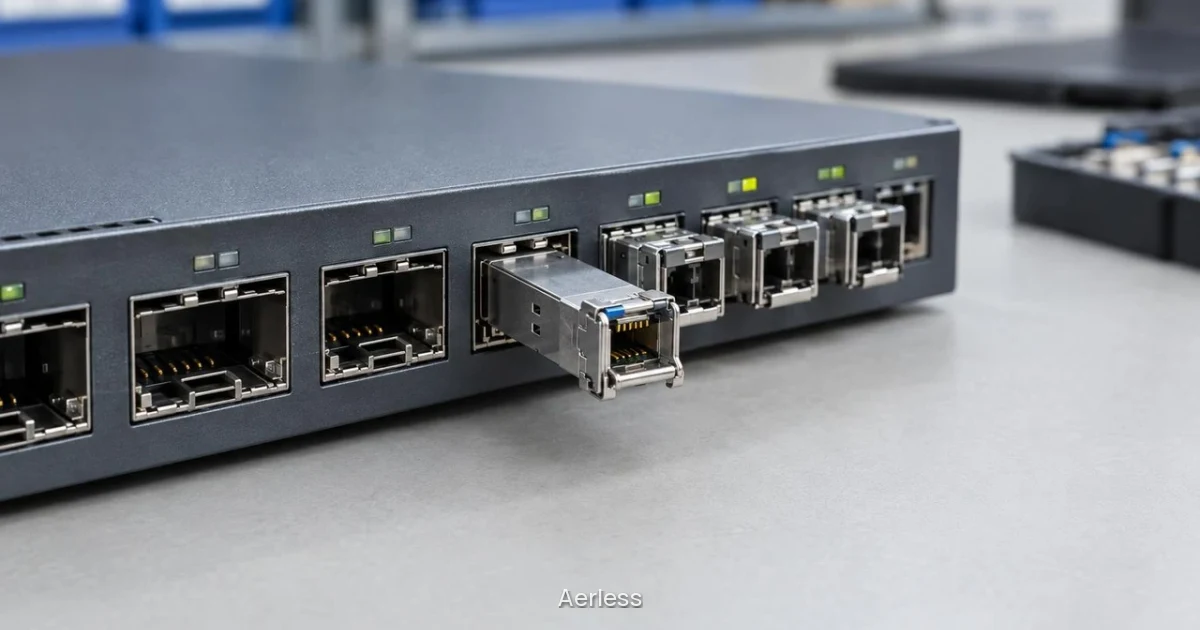 Close-up view of a network switch faceplate showing a row of SFP ports with several empty sockets, multiple installed transceiver modules, and one module being inserted, demonstrating hot-swap capability; status LEDs visible above ports on dark gray metal housing